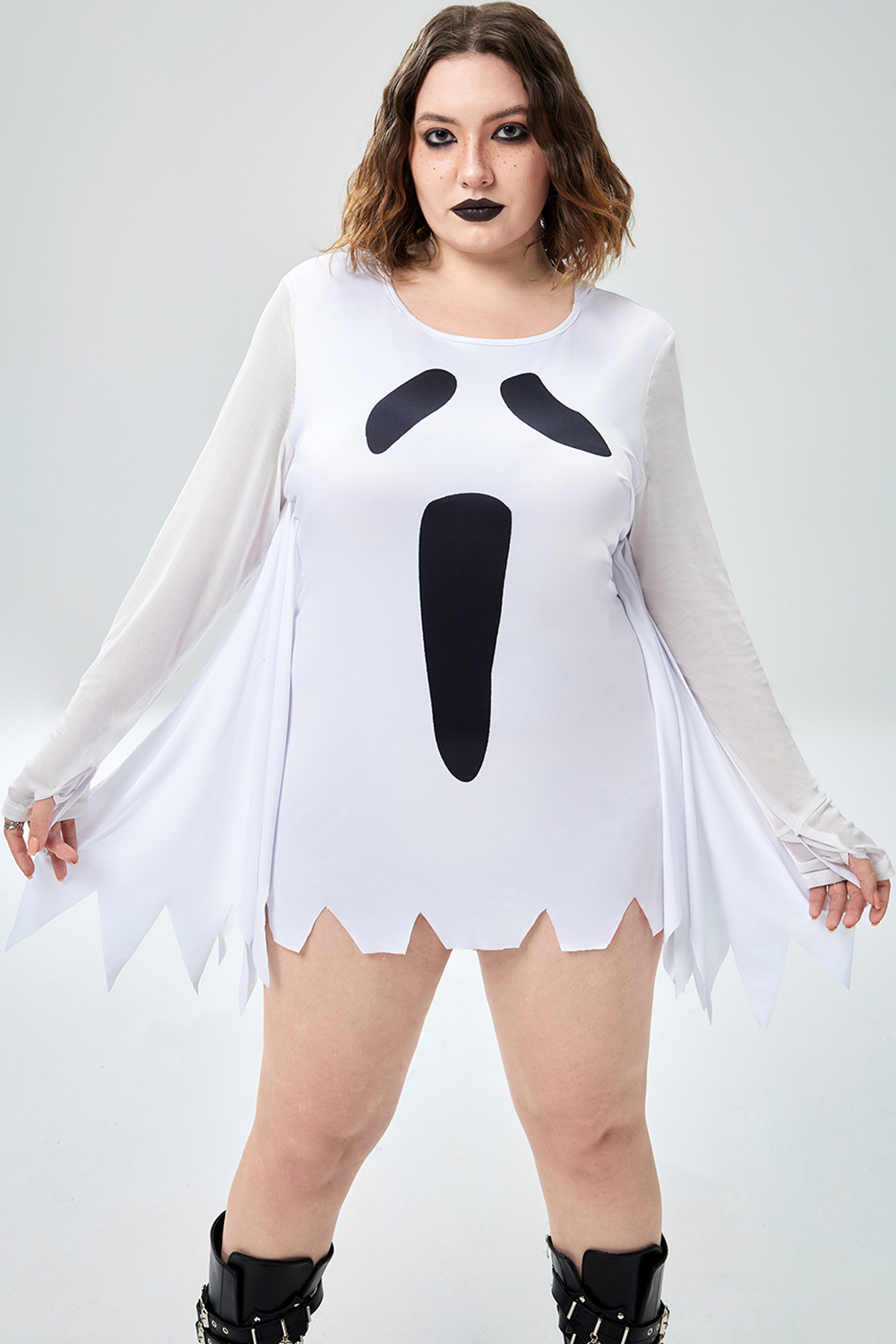 Xpluswear Design Plus Size Casual Halloween Costume White Ghost Knitted Mini Dress [Pre-Order]