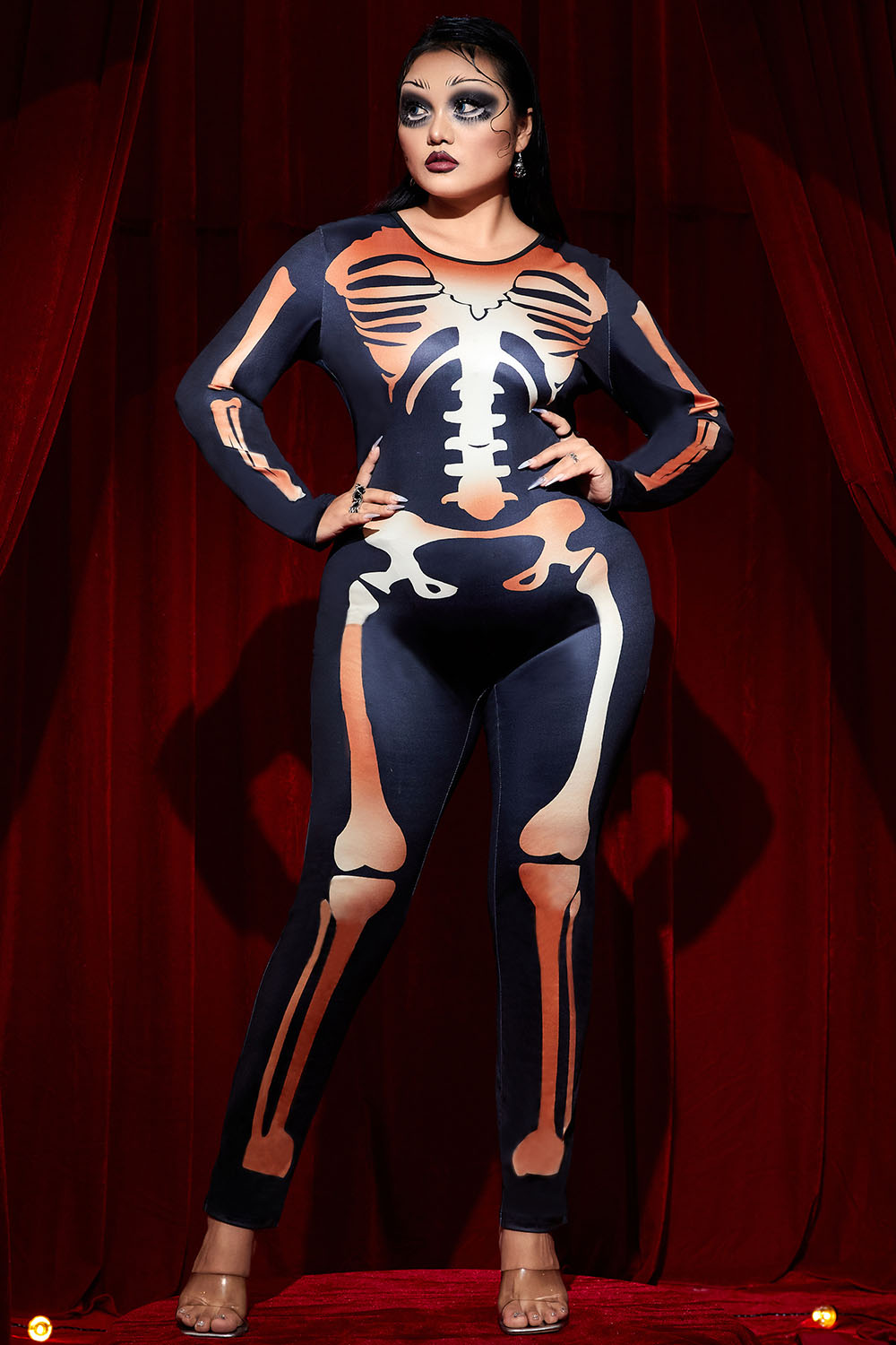 Xpluswear Design Plus Size Halloween Costume Black Skeleton Print Long Sleeve Knitted Jumpsuit [Pre-Order]