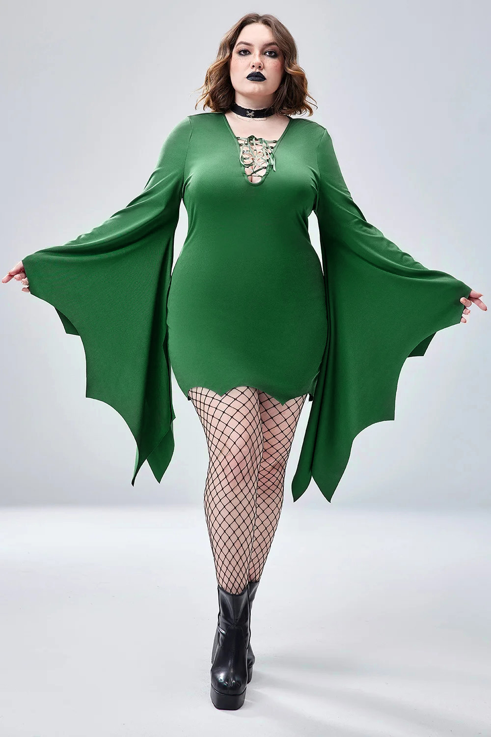 Xpluswear Design Plus Size Halloween Costume Green Bats Lace Up Trumpet Sleeve Mini Dress [Pre-Order]
