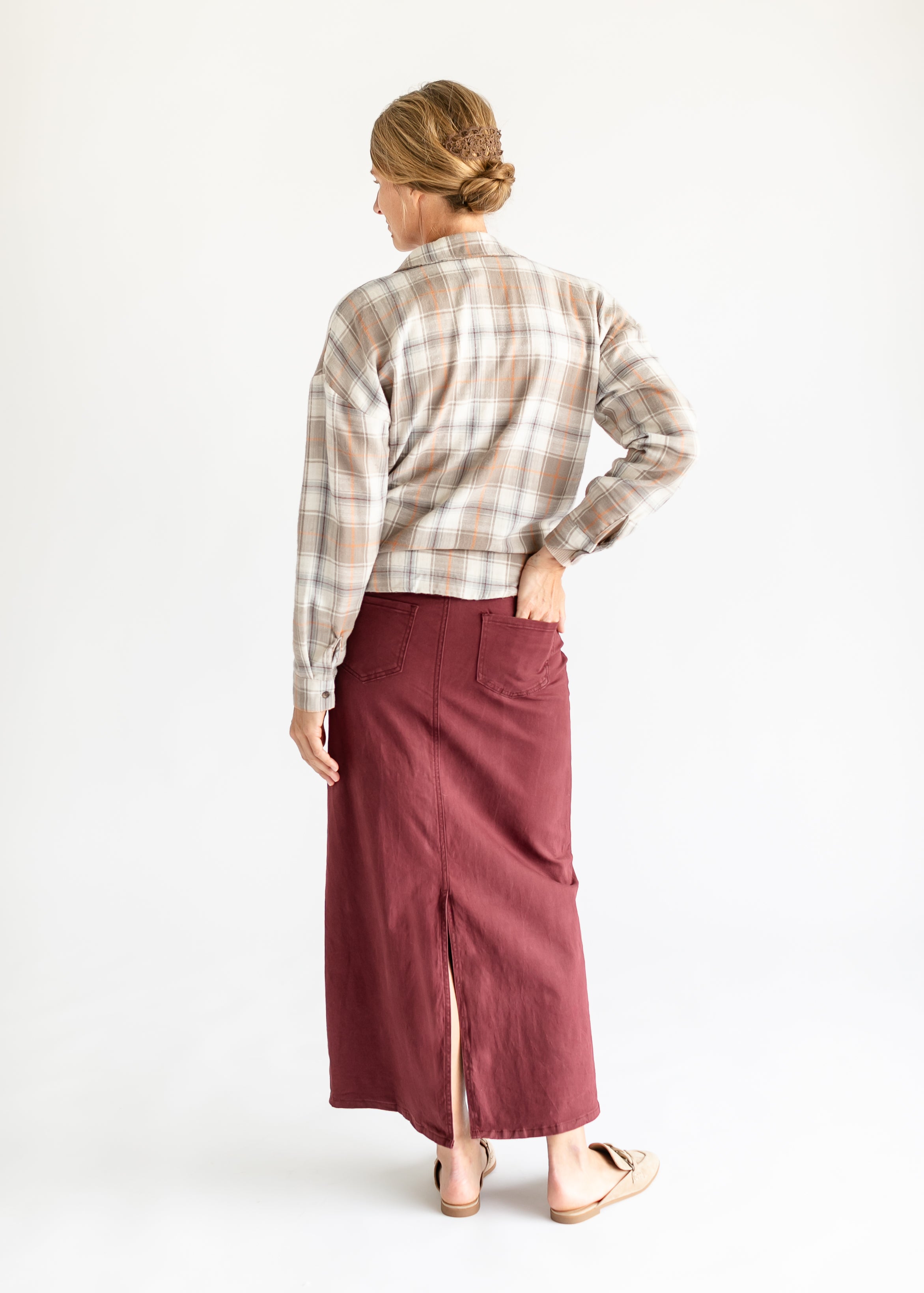 Stella Burgundy Denim Maxi Skirt