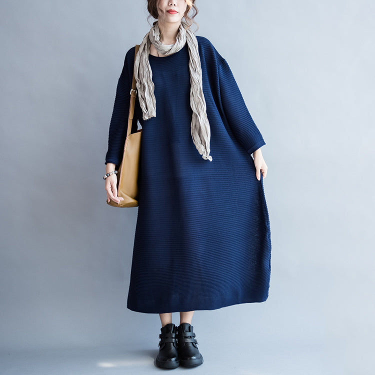blue casual warm knit dresses oversize o neck sweater dress