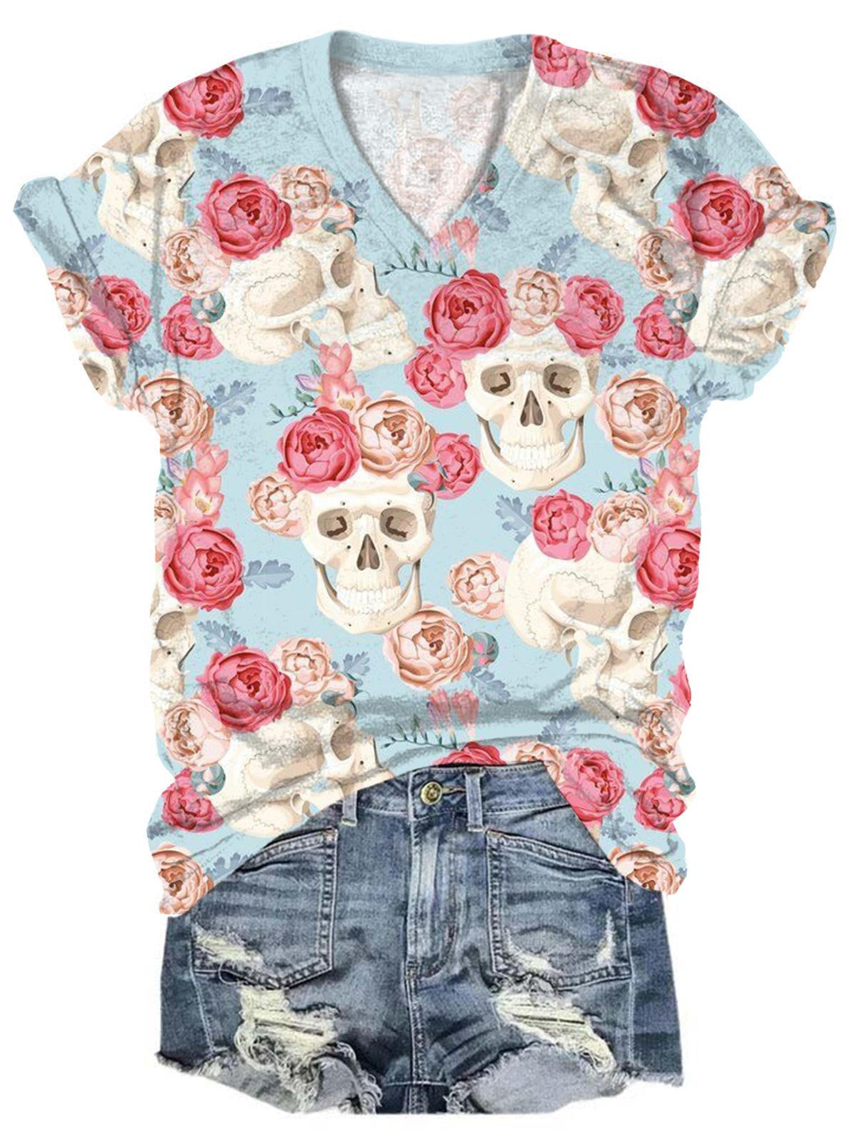 Fresh Floral Skull Print V Neck T-Shirt