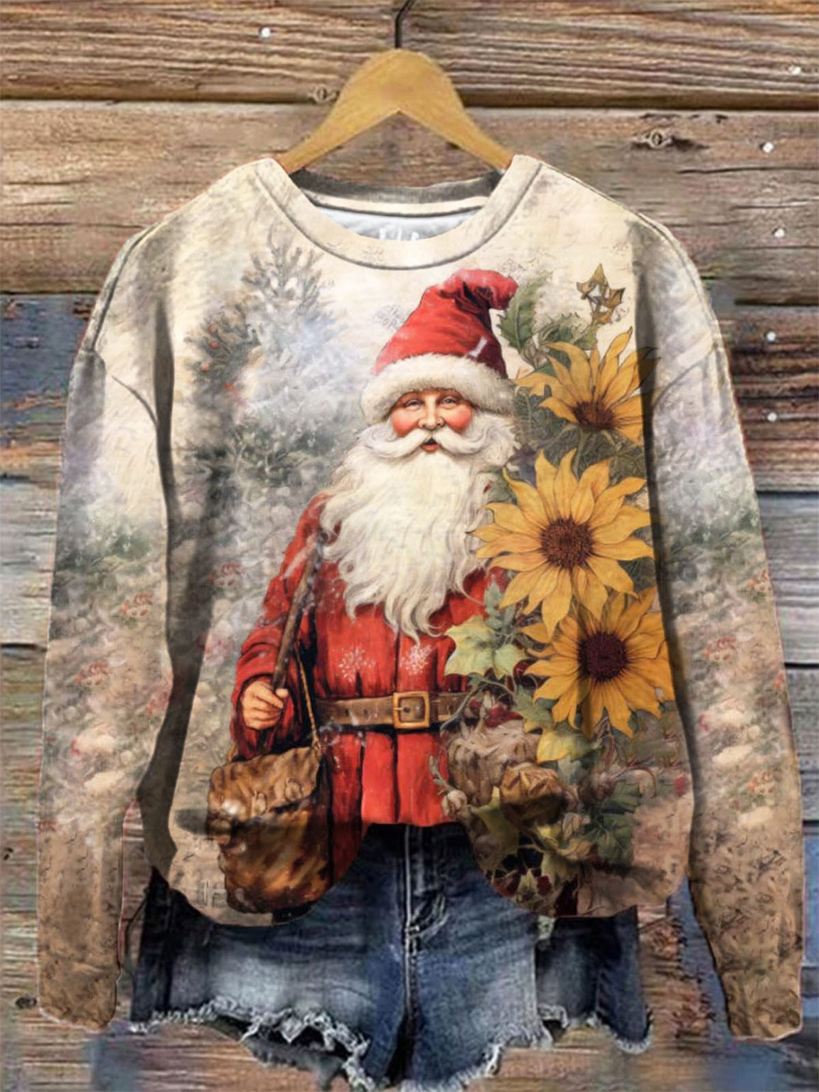 Women's Sunflower Santa Print Crew Neck Long Sleeve Top
