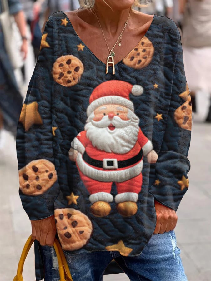 Women's Gingerbread Santa Print French Cashmere V-Neck Top