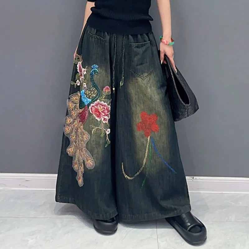 Classic Embroidery Elastic Waist Wide Leg Denim Pants