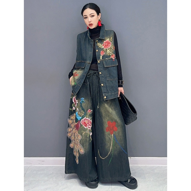 Floral Embroidered Denim Wide-Leg Pants and Matching Vest Set