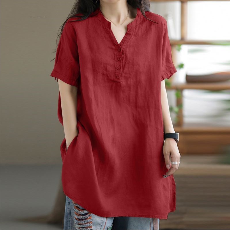 Women Summer Cotton Linen Tops Oversized Casual Short Sleeve V Neck