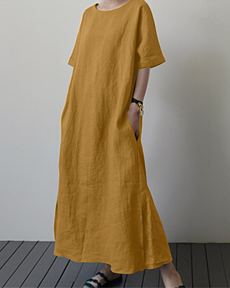 Loose Plus Size Solid Color Short Sleeve Belted Slit Dress