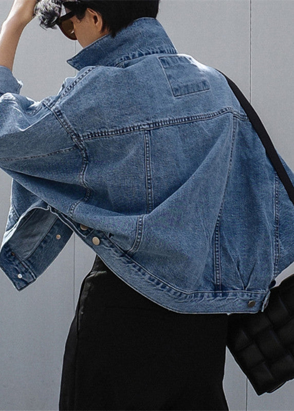 Unique Denim Blue Peter Pan Collar Button Pockets Patchwork Coats Long Sleeve