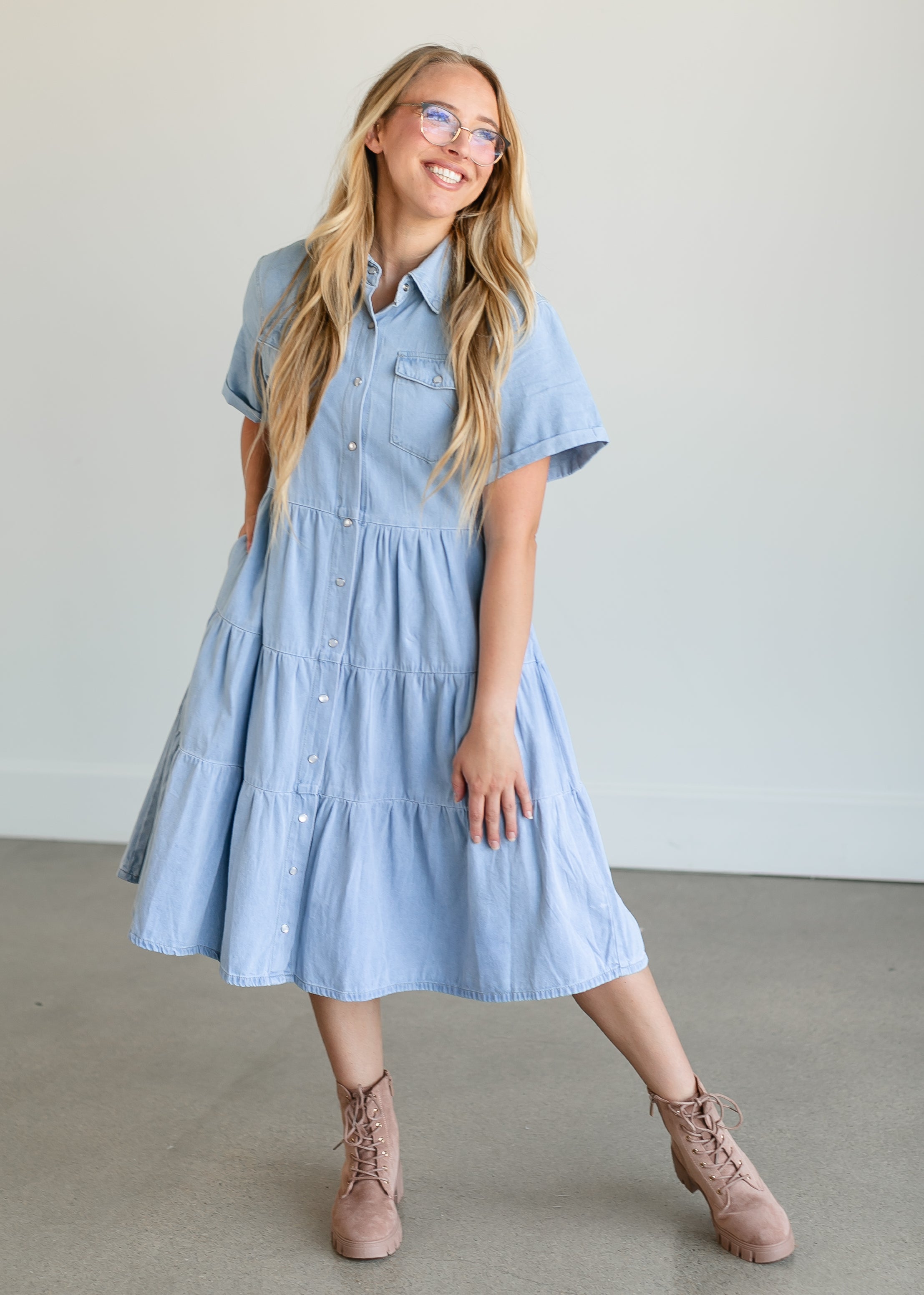 Snap Up Denim Midi Dress